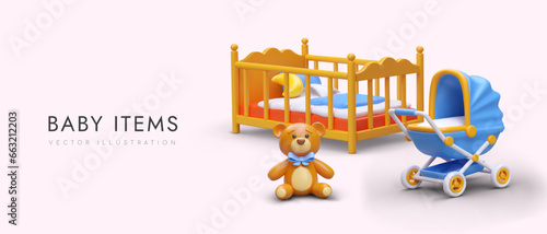 Children items. Horizontal advertising banner for store. Realistic teddy bear, cot, blue stroller. Place for logo, text, link button. Commercial concept for social networks
