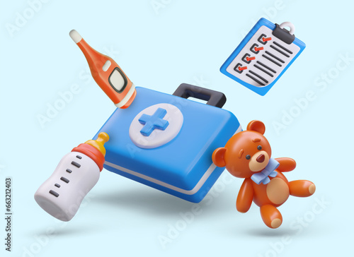 Medical care and treatment for newborns. Poster with 3d realistic teddy bear, clipboard, medical box with medicine, thermometer and baby bottle. Vector illustration with blue background