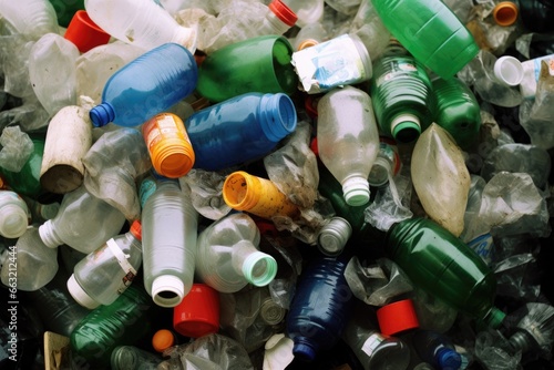 a group of plastic bottles gathered around a recycling bin