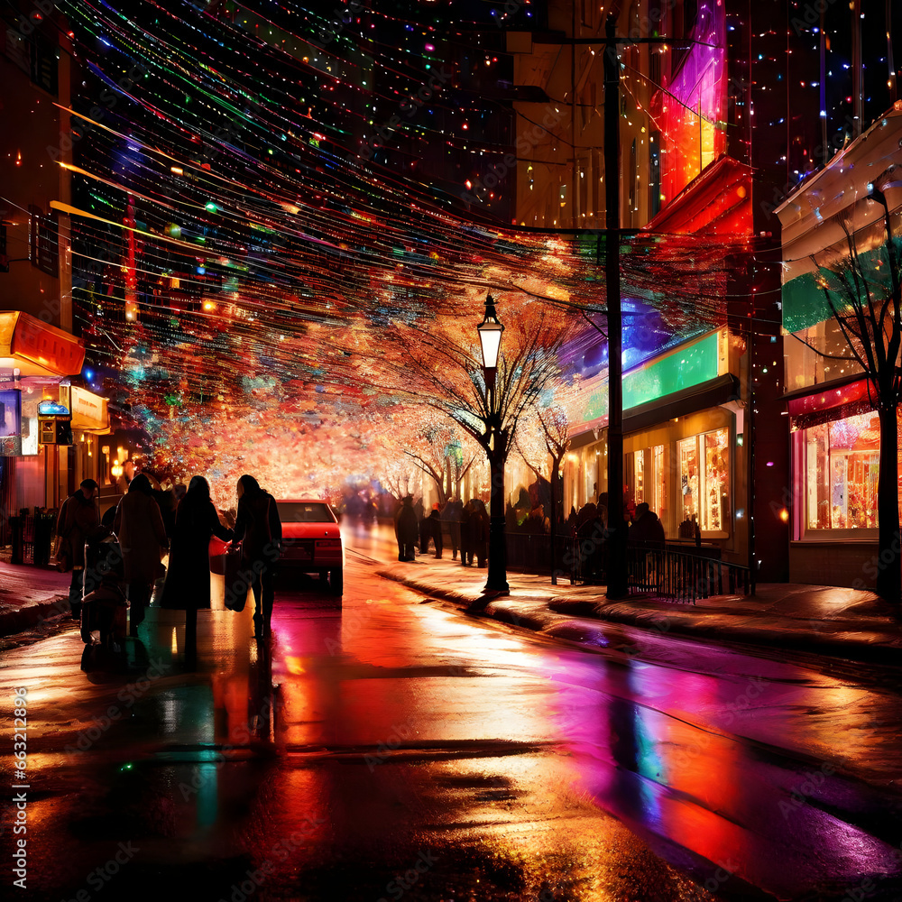 Festive City Lights: Urban streets adorned with colorful lights, reflecting the joy of a new year's celebration.