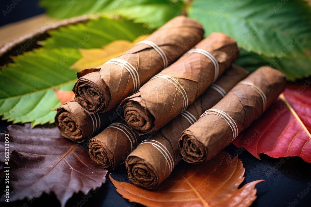 antique-looking native hand-rolled cigars placed on a leaf