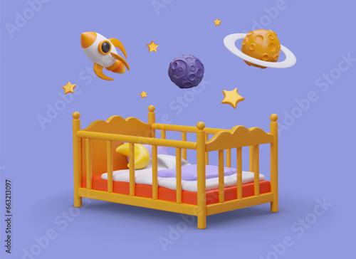 Cot, space decoration. 3D crib, space rocket, moon, planets, stars. Concept of beautiful design of children bedroom. Goods for kids. Cute illustration on purple background © ArtHub02