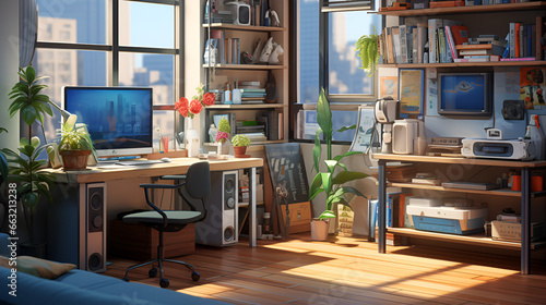 lofi living room with study table, anime style   © Tendofyan
