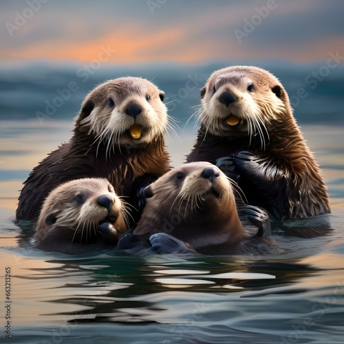A playful group of sea otters exchanging clams as they count down to midnight on the shore2 © Ai.Art.Creations