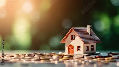 A small model house with coins, buy and sell house, Real estate business concept.
