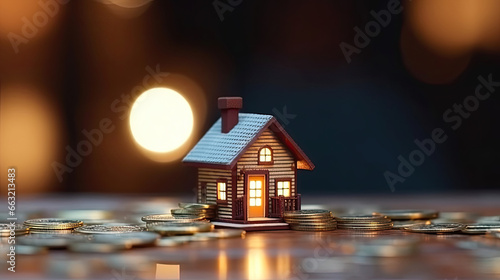 A small model house with coins, buy and sell house, Real estate business concept.