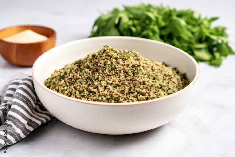 bowl of quinoa and finely chopped greens on a marble surface bowl of quinoa and finely chopped greens on a marble surface