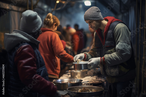 Man and his buddies volunteered at a local shelter, serving warm meals to those in need.