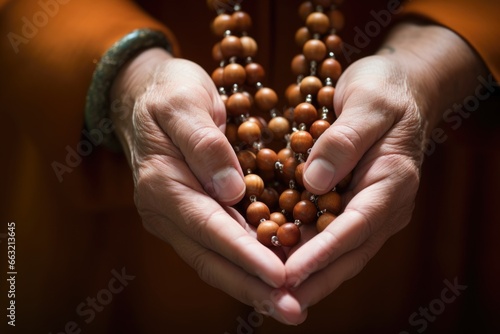close-up of hands holding a rosary or prayer beads