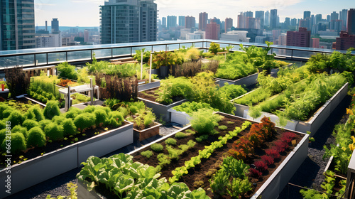 green urban garden on a big city rooftop with view of the city in the background photo