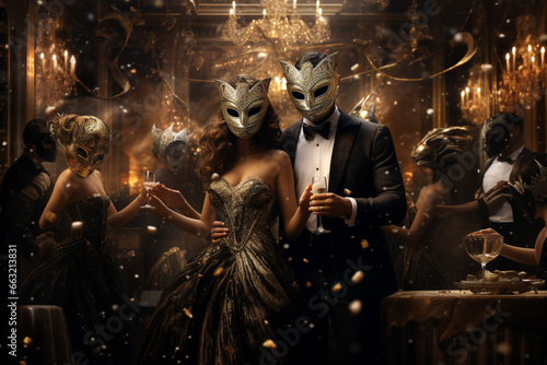 friends attended a masquerade ball, dancing the night away in elegant attire. photo