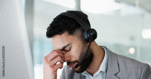 Konstfotografi Stress, headache and man in call center, tired and fatigue at help desk in office
