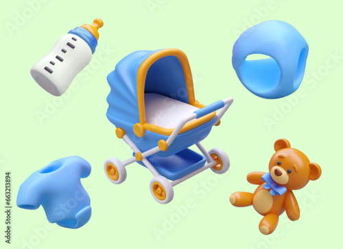 Set of children things for boy. 3D blue stroller, diaper, stuffed bear, baby bodysuit, feeding bottle. Color vector illustration. Cute collection. Icons for children shop