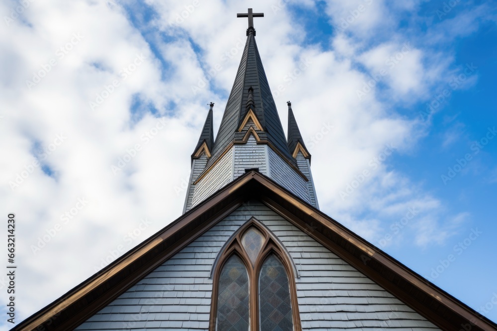 Fototapeta premium a synagogue roof near a church steeple, view from a low angle