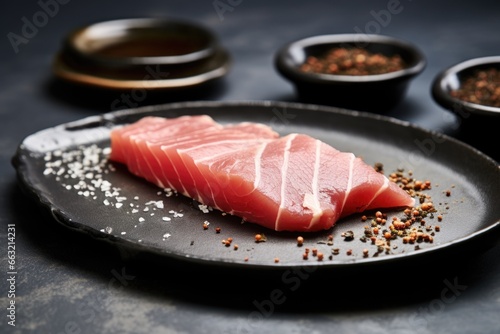 raw tuna steak with seared edges on a ceramic plate