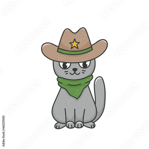Cartoon cat cowboy in Western sheriff hat and bandana. Funny adorable animal in country style. Wild West clipart. Vector illustration isolated on white background