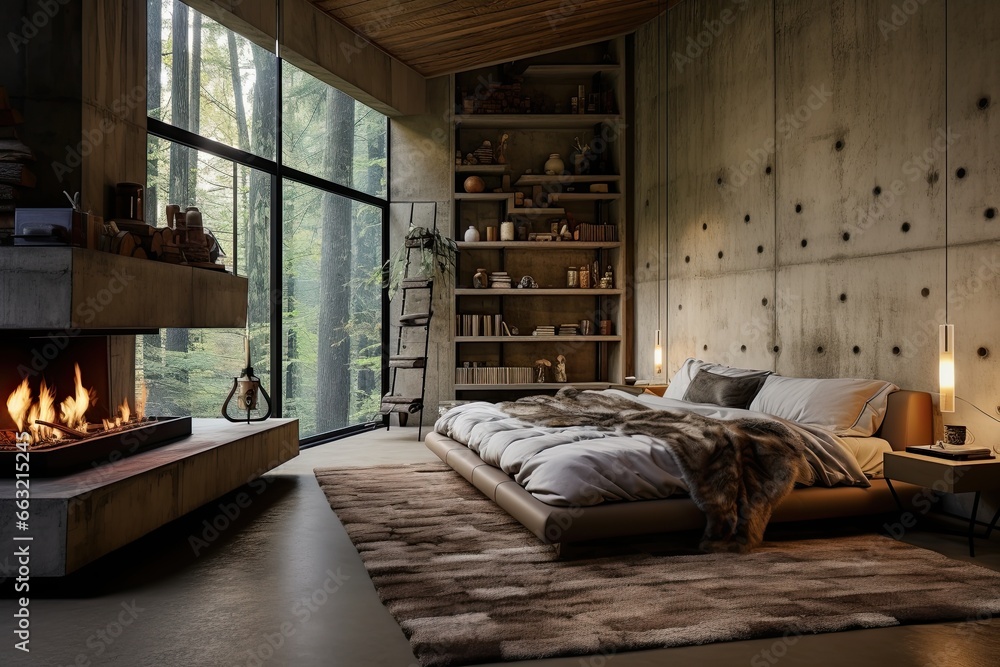 Retro style interior brutal concrete loft bedroom design architecture