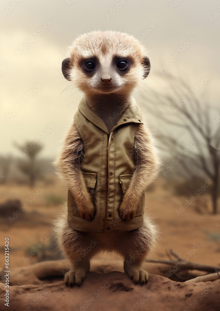 Fototapeta premium Small nature wild mammal meerkat cute suricate desert fur suricata brown wildlife animal