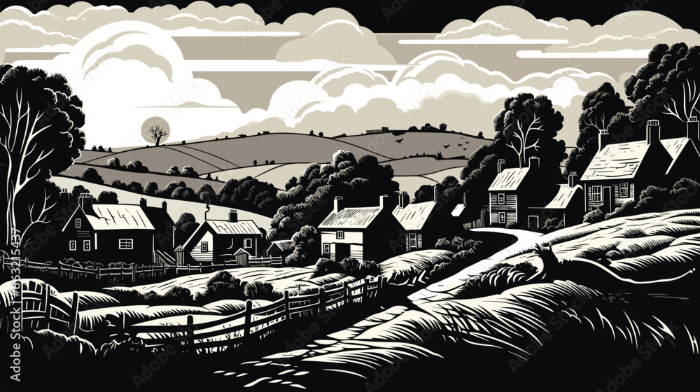 Classic English Countryside Idyllic Rural Landscape vector in engraving style - obrazy, fototapety, plakaty 