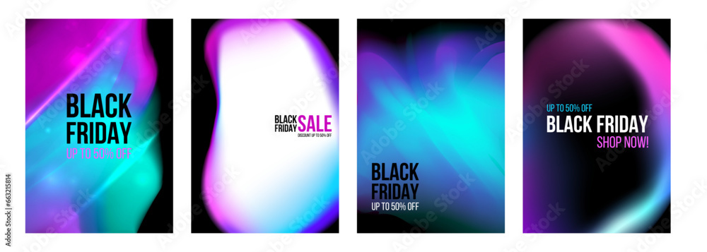 Black Friday commercial set. Sale promotion backgrounds. Vibrant fluid blurred colors. Bright color gradients. Vector illustration.