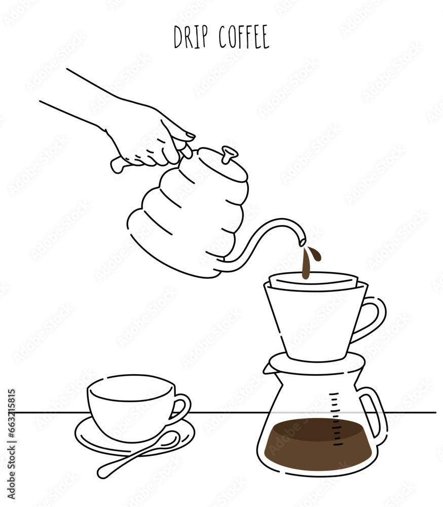 Barista making coffee, Close up hand hold kettle. Manual brew drip coffee and accessories