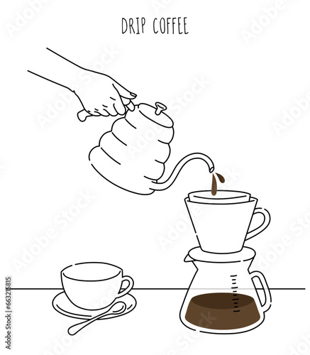 Barista making coffee, Close up hand hold kettle. Manual brew drip coffee and accessories. Barista at work, Pouring a hot coffee, Modern hand drawn style vector line illustrations.