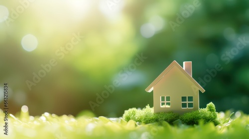 Small wood house icon on green grass 