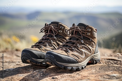 a pair of hiking boots on a mountain trail