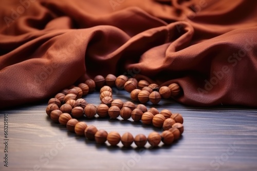 a string of wooden meditation beads laid out on a silk fabric