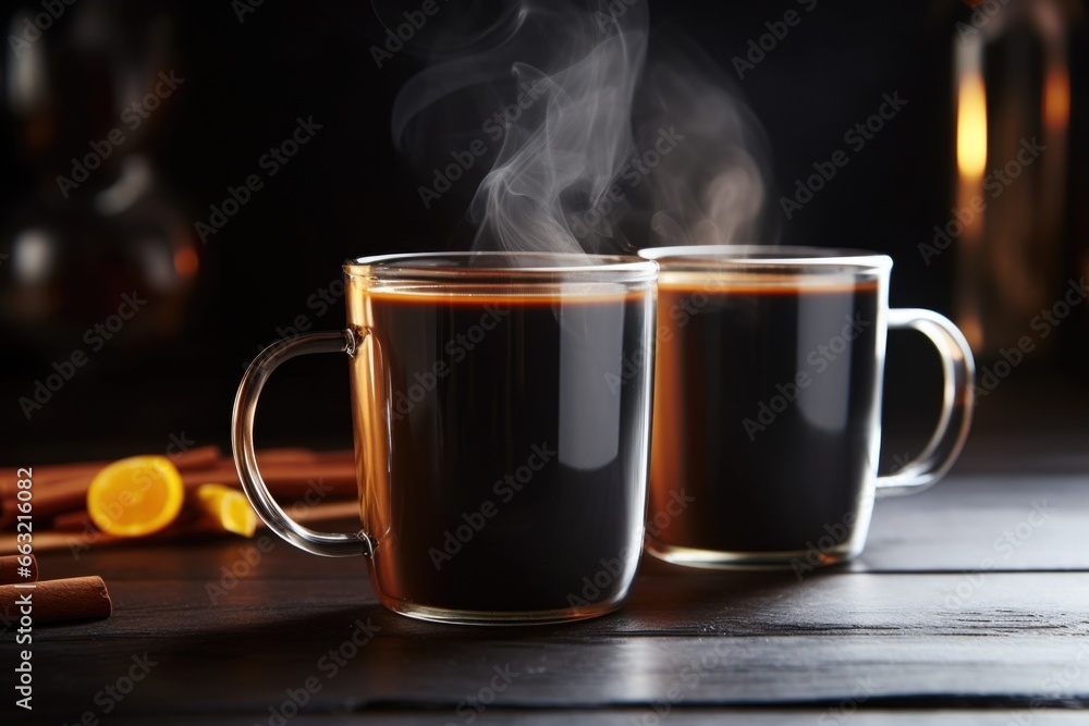 matching mugs filled with steaming hot tea matching mugs filled with steaming hot tea