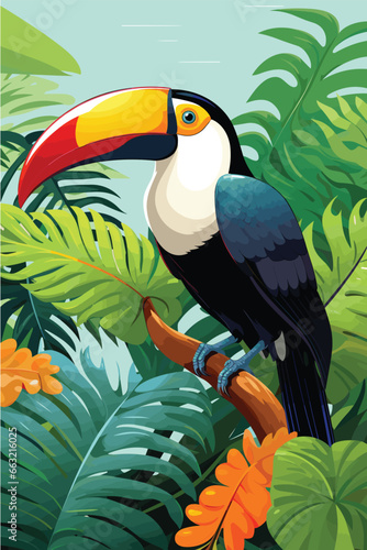 Bright tropical bird Toucan on a floral background. Colorful icon of tropical nature, Vector