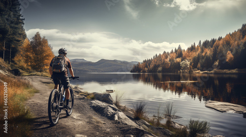 Professional mountain bike cyclist riding trail in forest, details of sports. Happy male cyclist in reach the destination or goal. cyclist saw the lake. Ai 