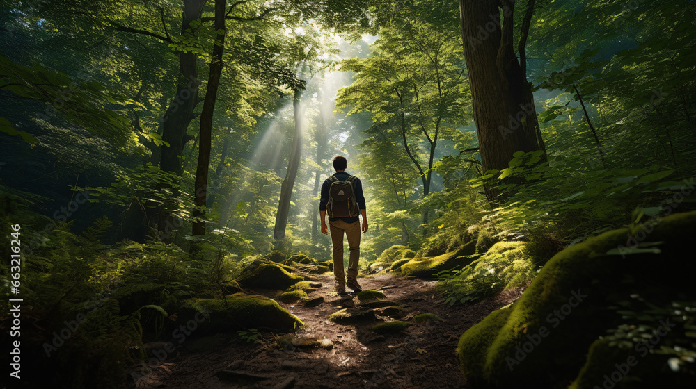 hiking man with backpack walking in forest. Man hiking bay the trail in the forest. Nature leisure hike travel outdoor - Ai

