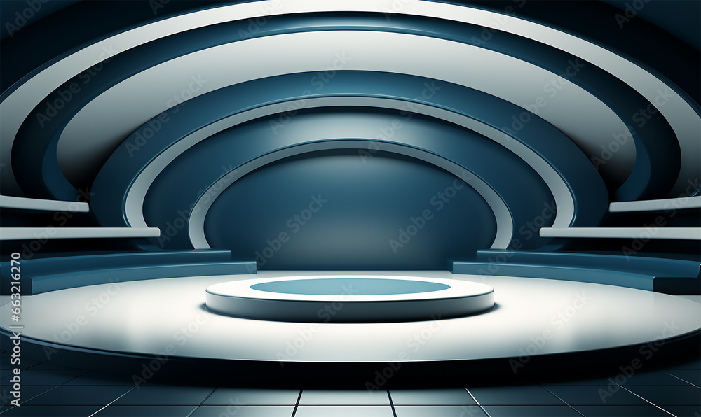 Fototapeta premium dark blue podium stands boldly in the center of an abstract room