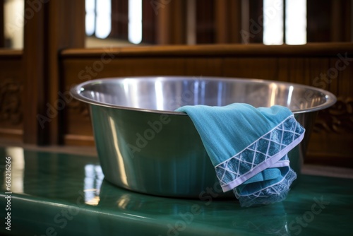 Fotografie, Tablou a baptismal font with clear water and a small towel beside it