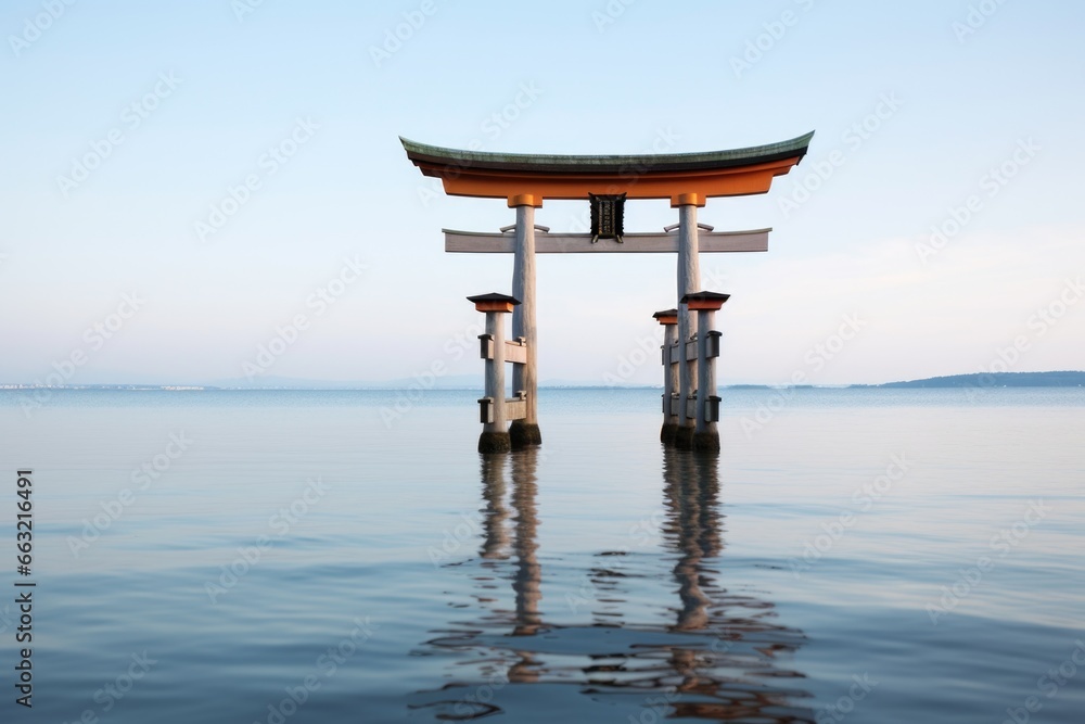 shinto gate torii standing at the edge of a calm sea
