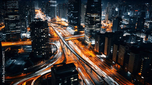 Mesmerizing streams of car lights illuminate bustling city streets at night from an aerial perspective.