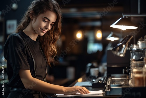 A young girl works in a coffee shop
