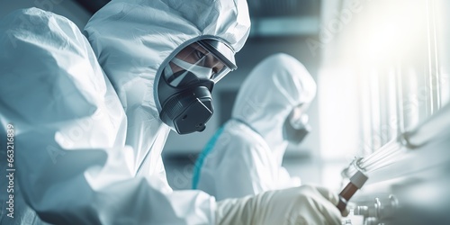 Specialist in protective suits for cleaning and disinfection of cells from the coronavirus epidemic photo