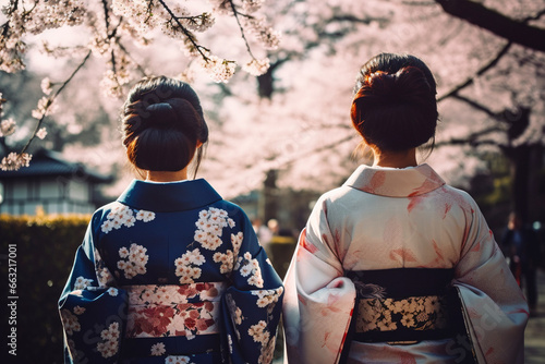 Back view of two Asian women in traditional Japanese Kimono garments. 
