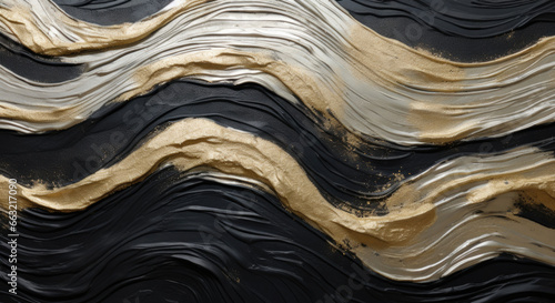Abstract luxurious painting with flowing thick brushstrokes, in gold, dark silver and gray paint for wall art installation photo