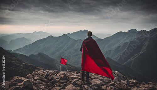 Man standing on top of mountain with flag, success leadership concept