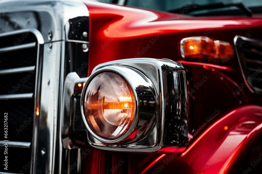 closeup of red semi truck headlight. Generative AI