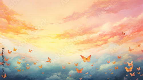 Dreamy Sky With Boho Colored Butterflies And Clouds. Ethereal Boho Butterfly Background. Generative AI © Immersive Dimension