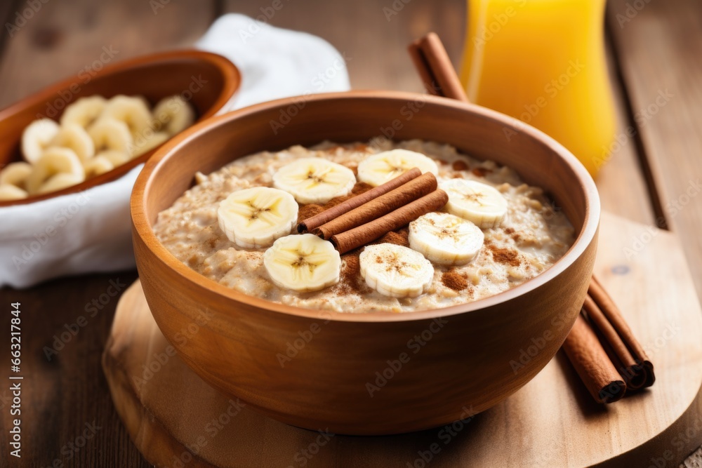 a steaming bowl of oatmeal with sliced banana atop a steaming bowl of oatmeal with sliced banana atop