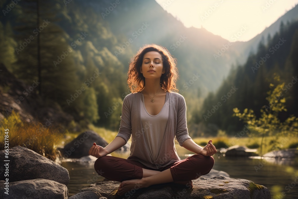 Young woman practicing yoga without stress in nature. Female sitting in lotus pose.Yoga mountains. Generative AI Young woman practicing yoga without stress in nature. Female sitting in lotus pose.Yoga mountains. Generative AI