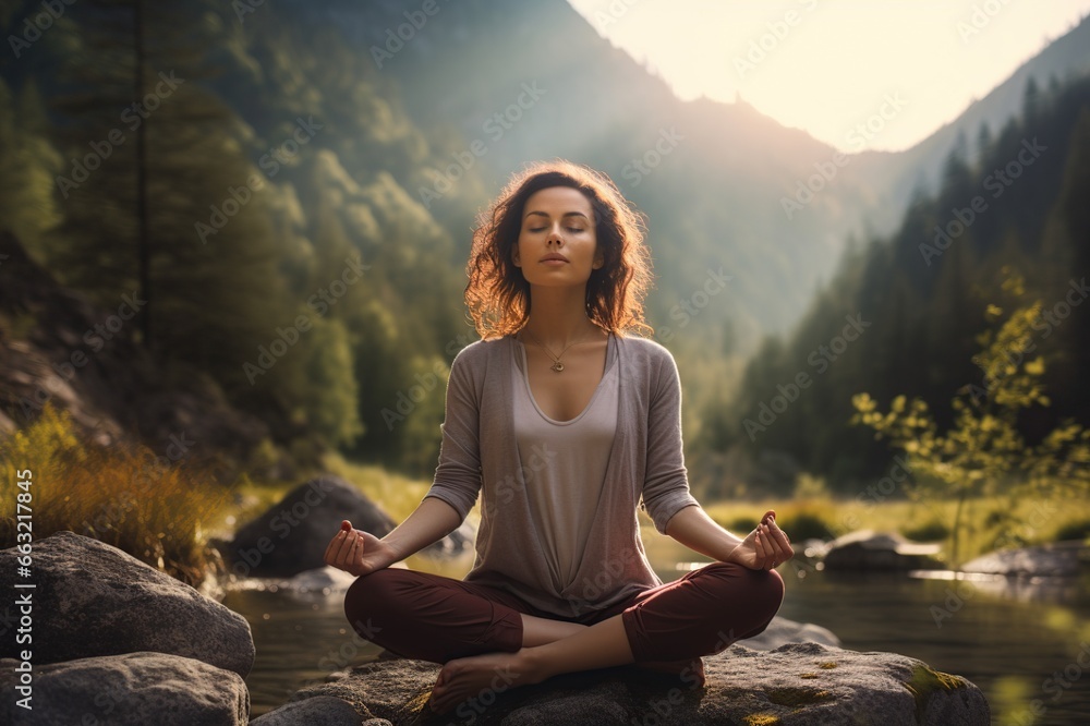 Young woman practicing yoga without stress in nature. Female sitting in lotus pose.Yoga mountains. Generative AI