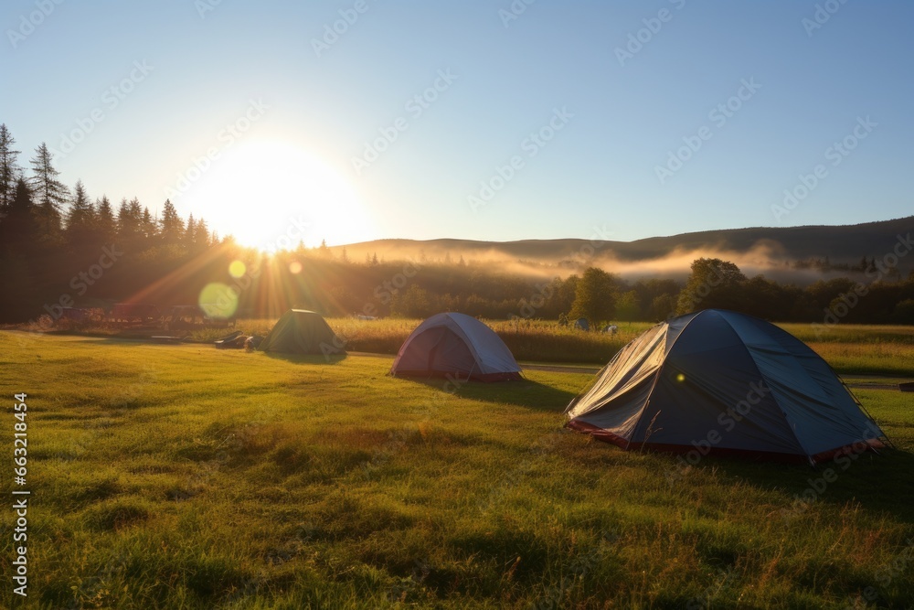 sleepy tents awakened by first morning sunlight