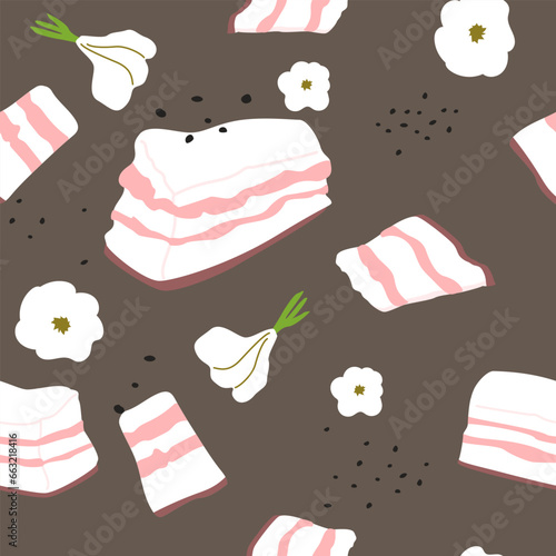 Lard, salo spicy raw salted seamless pattern with garlic and black pepper.Endless ornament for printing or digital use. Vector illustration