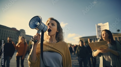 A female agitator harangued with a loudhailer in a rebellion surrounded by a throng of protesters. photo